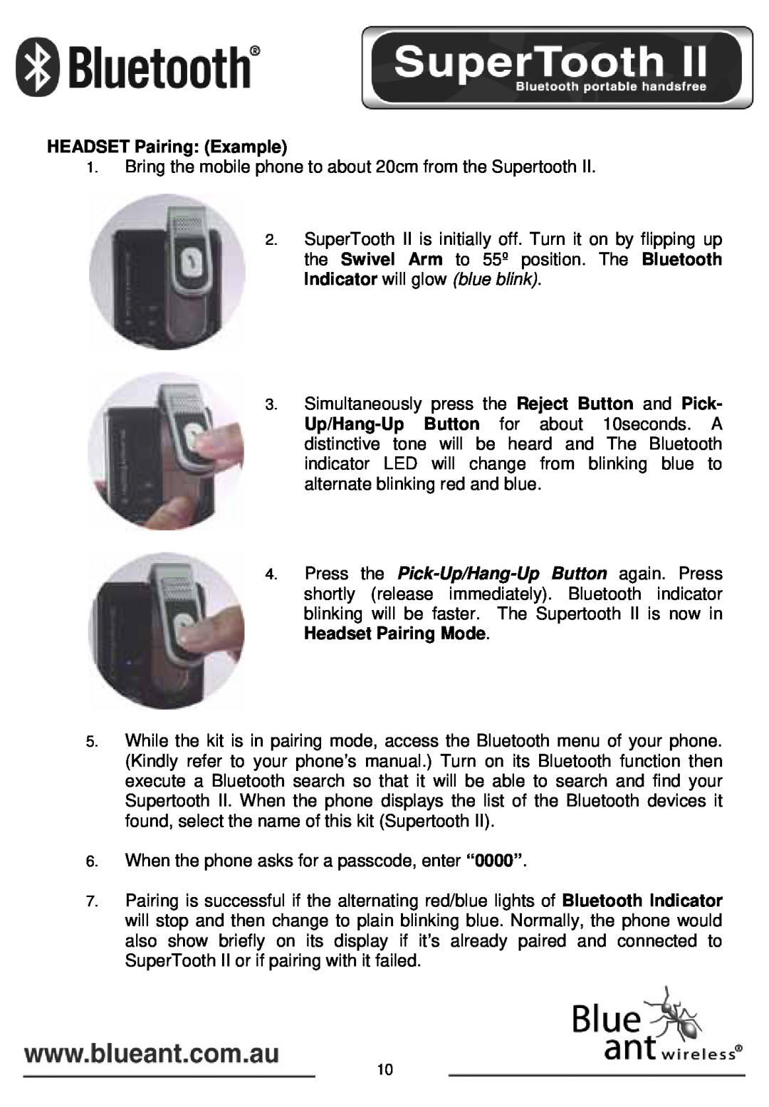 BlueAnt Wireless SUPERTOOTH II manual HEADSET Pairing: Example 