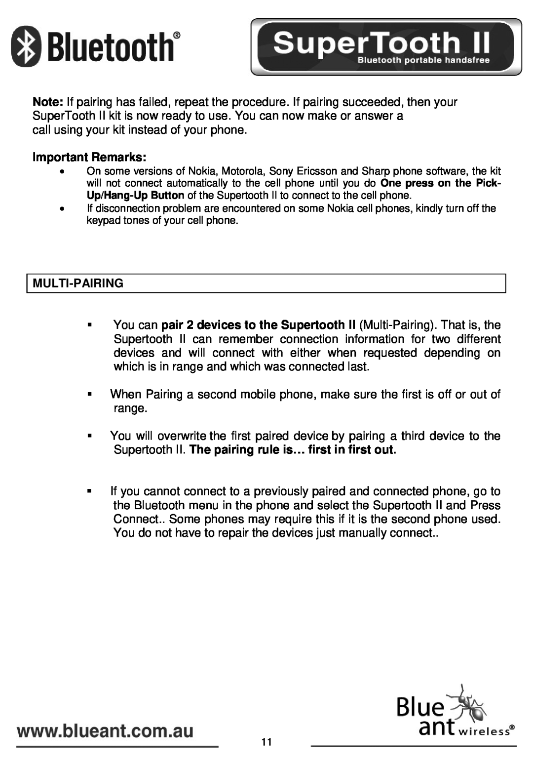 BlueAnt Wireless SUPERTOOTH II manual Important Remarks, Multi-Pairing 