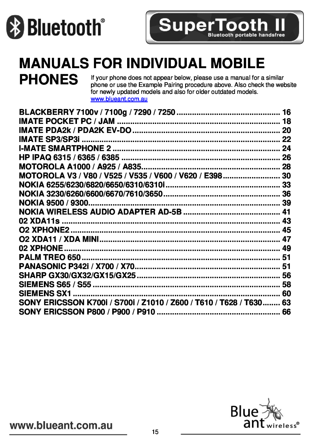 BlueAnt Wireless SUPERTOOTH II manual Manuals For Individual Mobile 