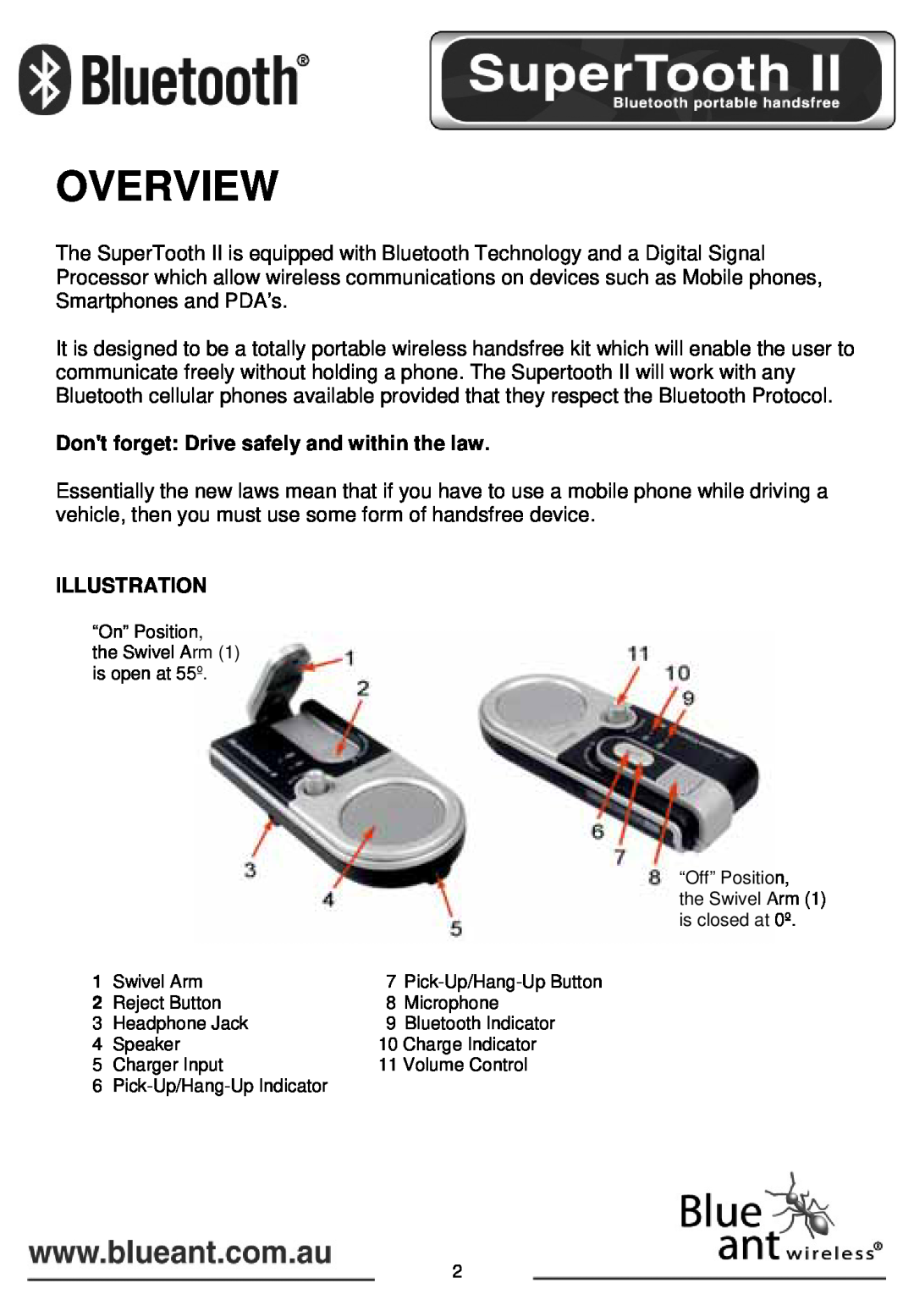 BlueAnt Wireless SUPERTOOTH II manual Overview, Dont forget Drive safely and within the law, Illustration 