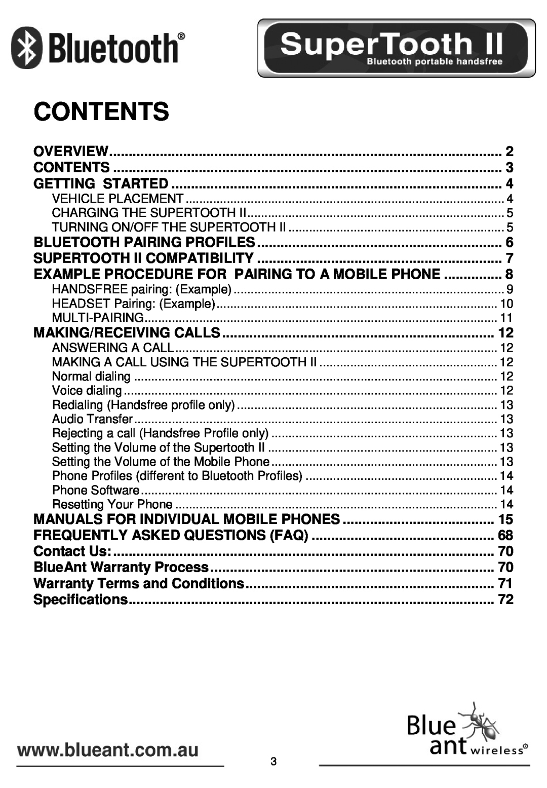BlueAnt Wireless SUPERTOOTH II manual Contents 
