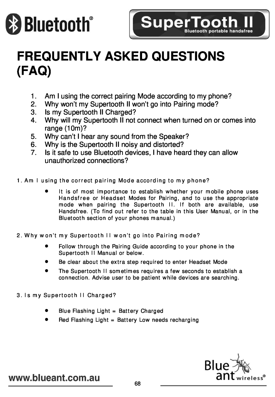 BlueAnt Wireless SUPERTOOTH II manual Frequently Asked Questions Faq 
