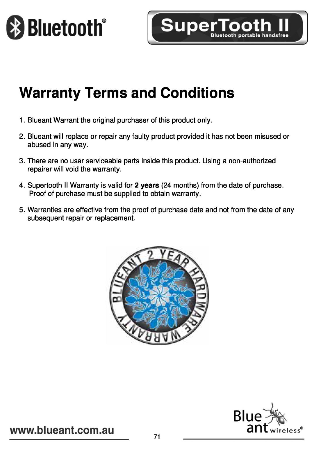 BlueAnt Wireless SUPERTOOTH II manual Warranty Terms and Conditions 