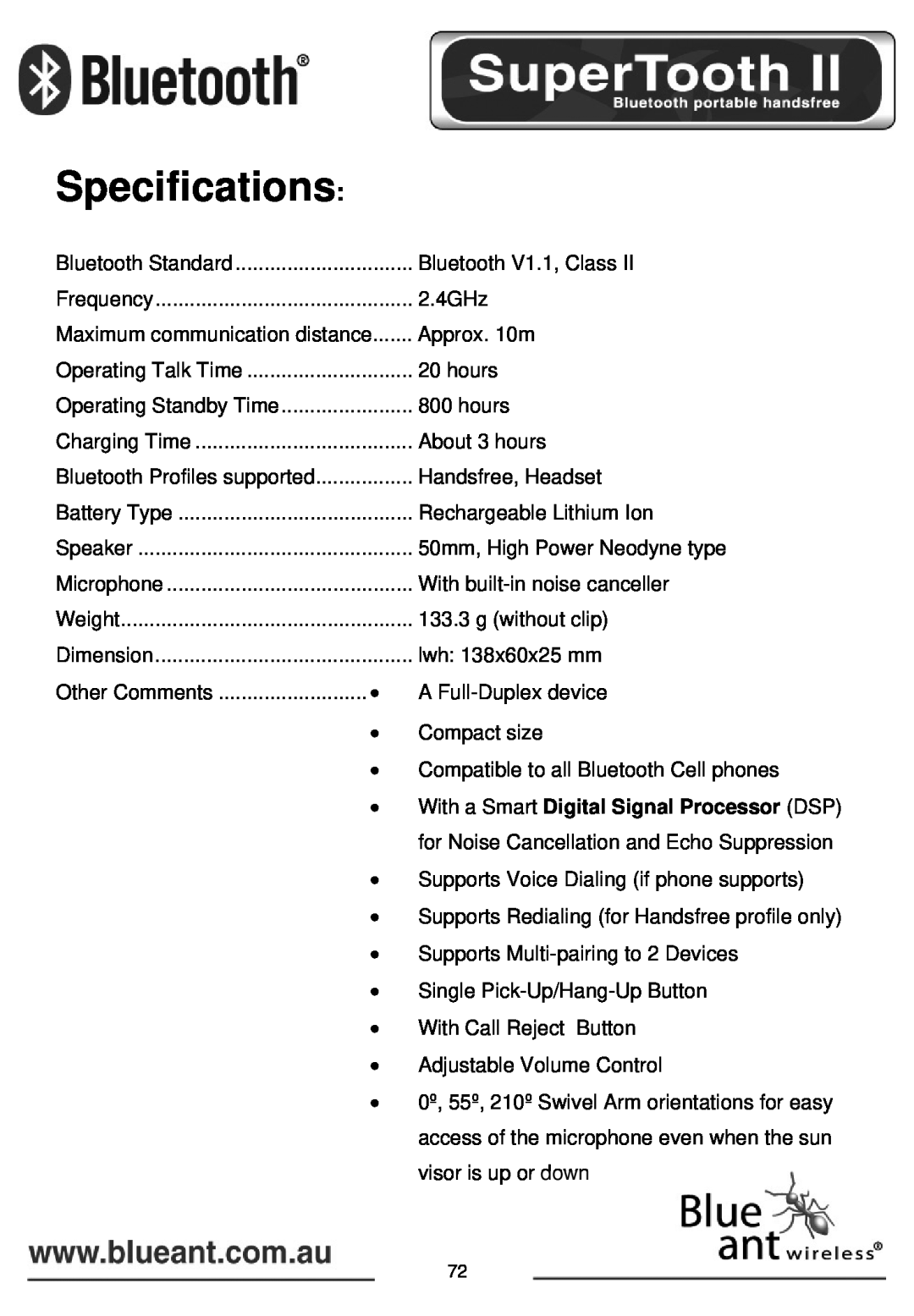 BlueAnt Wireless SUPERTOOTH II manual Specifications 