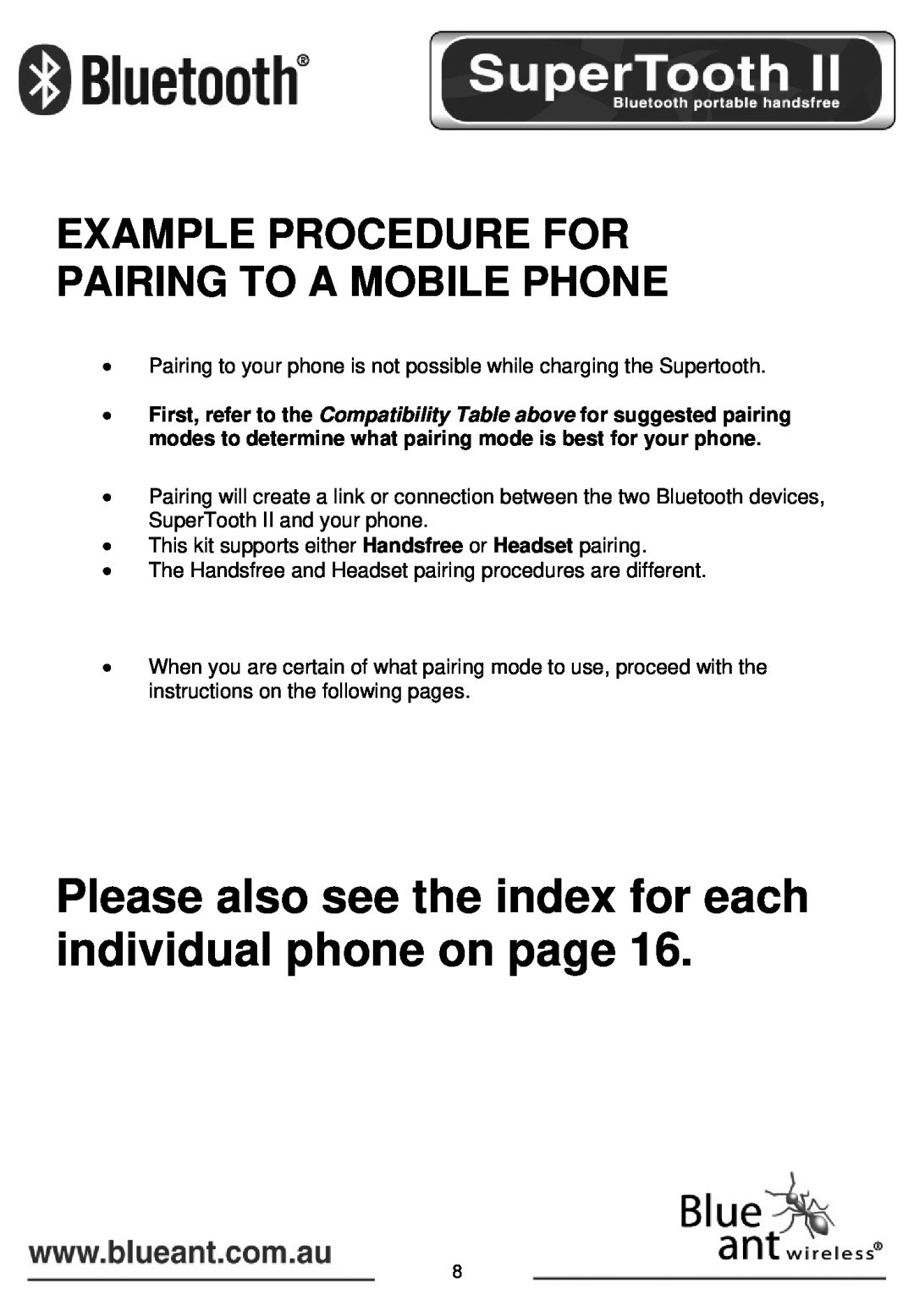 BlueAnt Wireless SUPERTOOTH II manual Example Procedure For Pairing To A Mobile Phone 