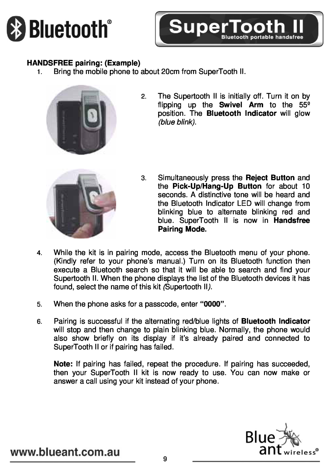 BlueAnt Wireless SUPERTOOTH II manual HANDSFREE pairing: Example, Pairing Mode 