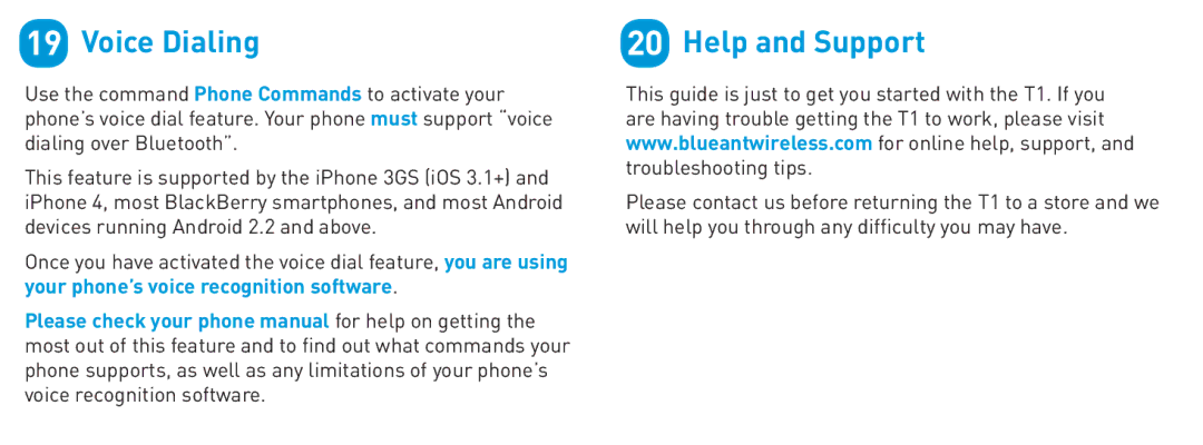 BlueAnt Wireless T1 quick start Voice Dialing, Help and Support 