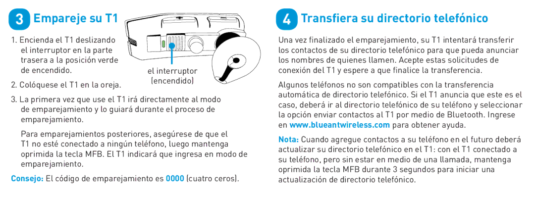 BlueAnt Wireless quick start Empareje su T1, Transﬁera su directorio telefónico 