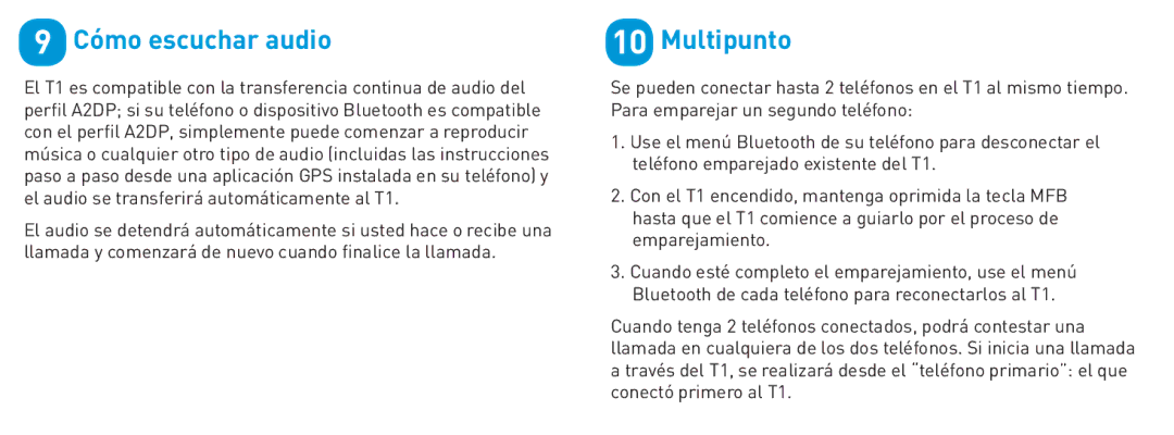 BlueAnt Wireless T1 quick start Cómo escuchar audio, Multipunto 