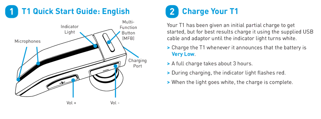 BlueAnt Wireless quick start T1 Quick Start Guide English, Charge Your T1 