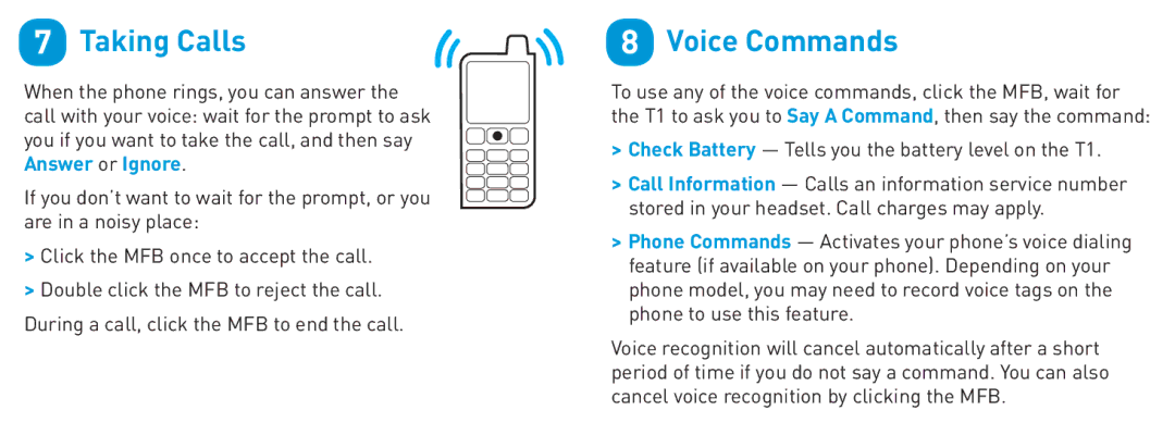 BlueAnt Wireless T1 quick start Taking Calls, Voice Commands 