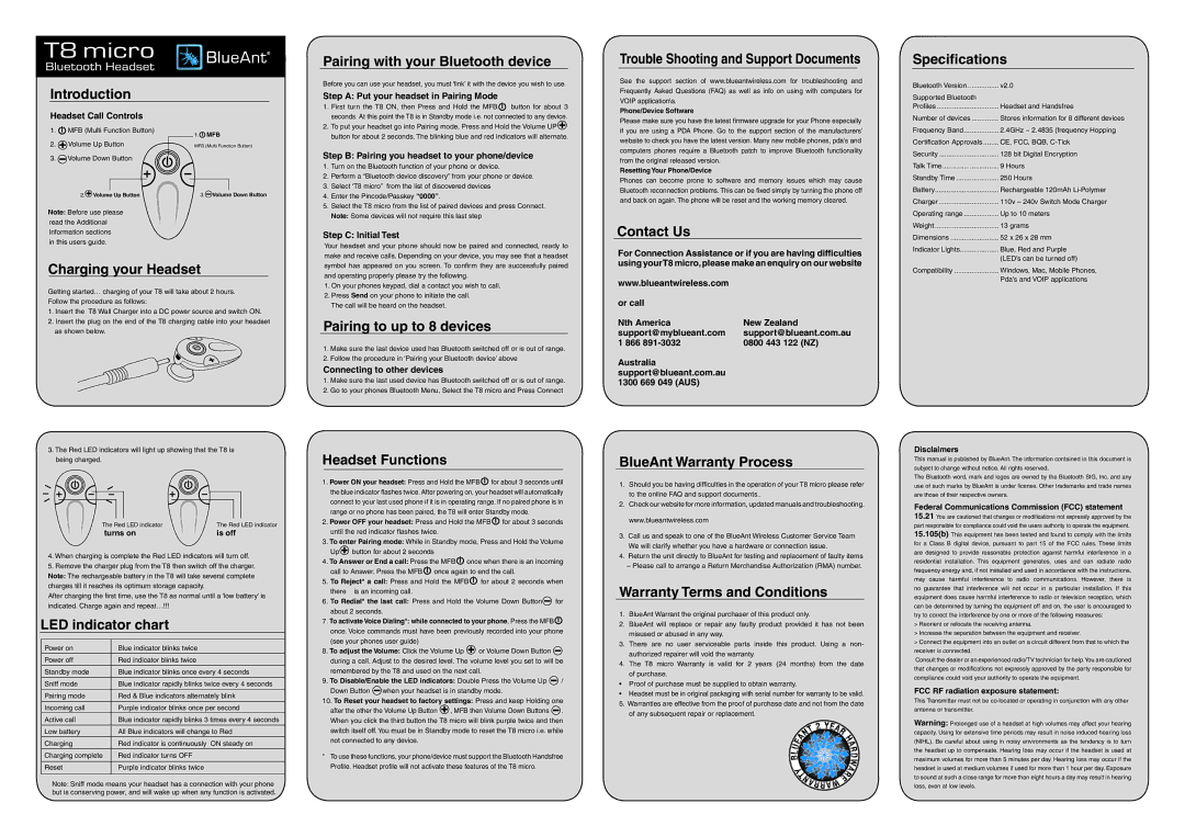 BlueAnt Wireless T8 specifications Introduction Pairing with your Bluetooth device, Speciﬁcations, Contact Us 