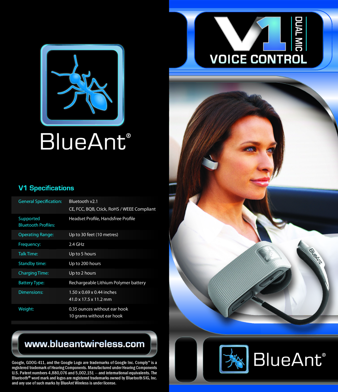 BlueAnt Wireless specifications Dual MIC, V1 Specifications 