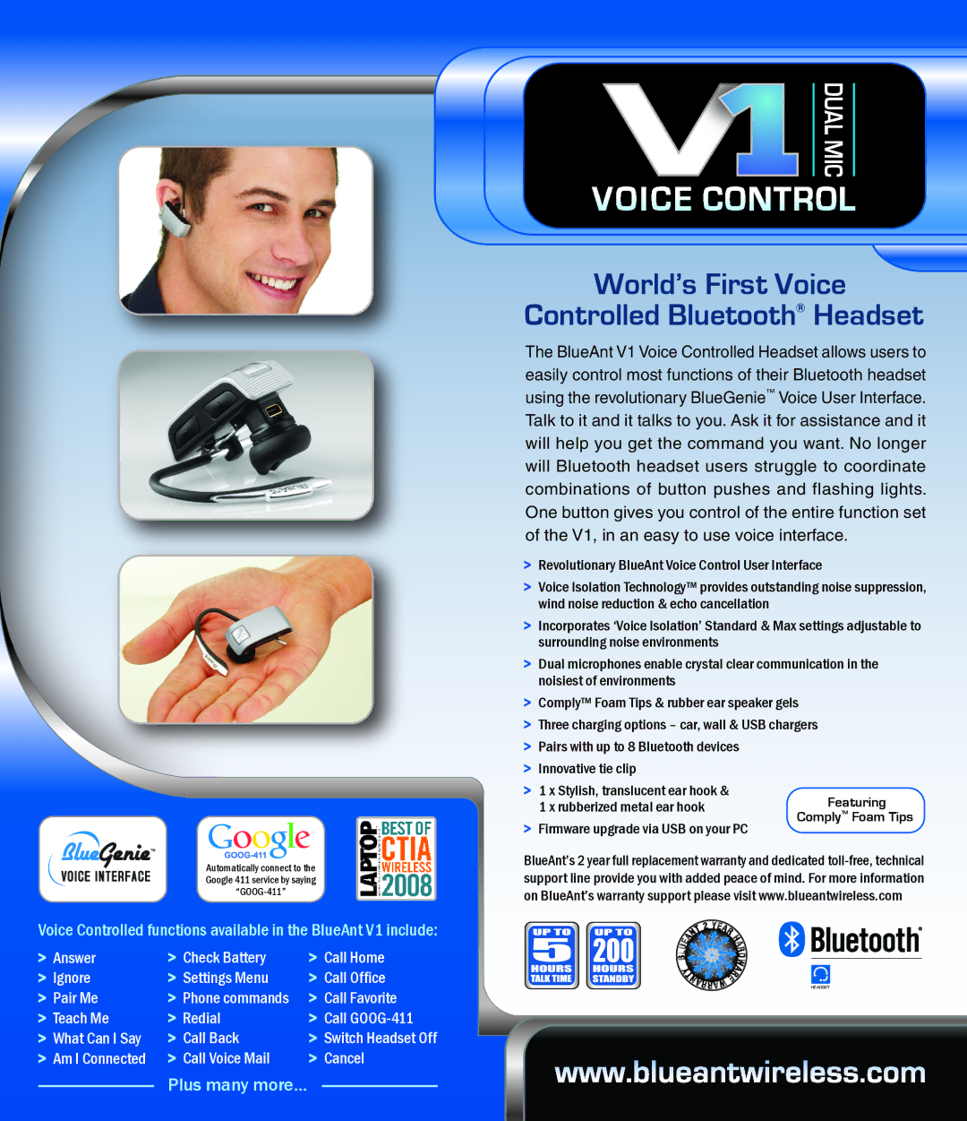 BlueAnt Wireless V1 specifications World’s First Voice Controlled Bluetooth Headset 