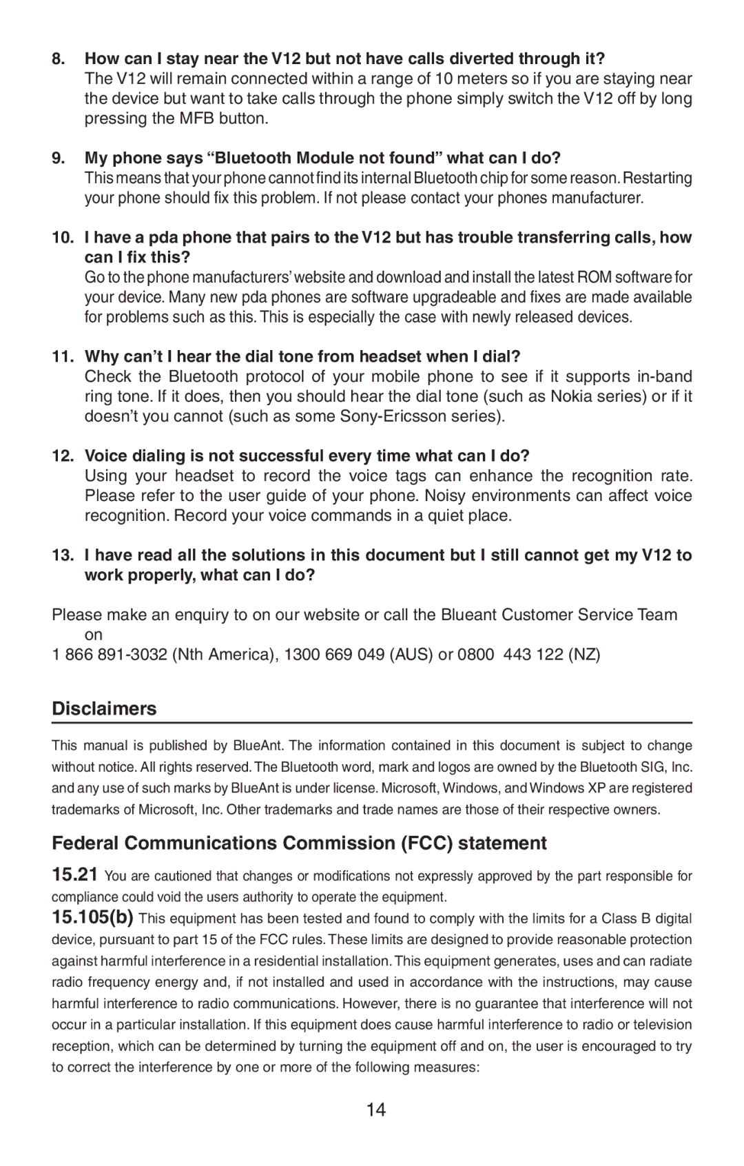 BlueAnt Wireless V12 user manual Disclaimers 