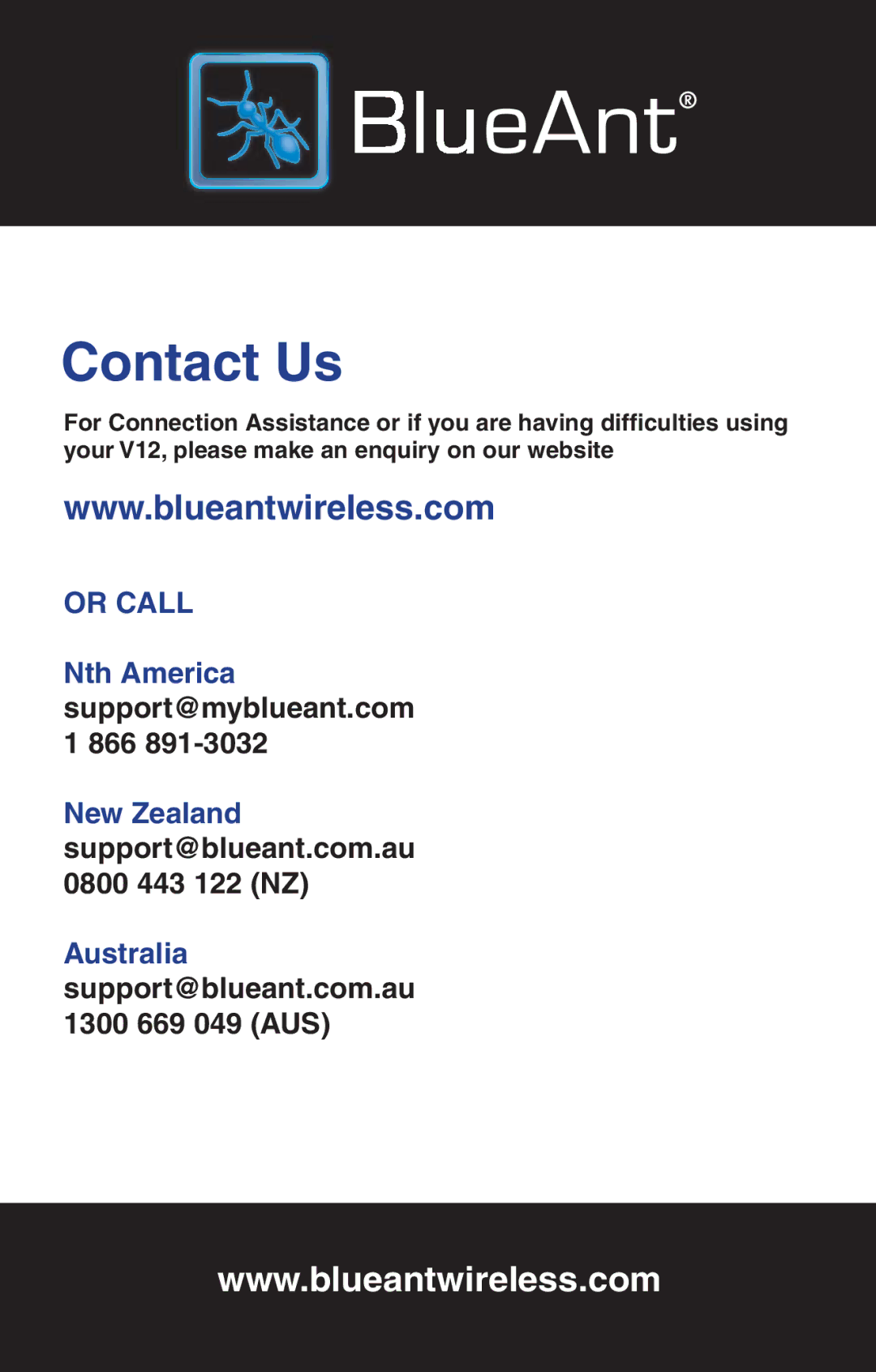 BlueAnt Wireless V12 user manual Contact Us 