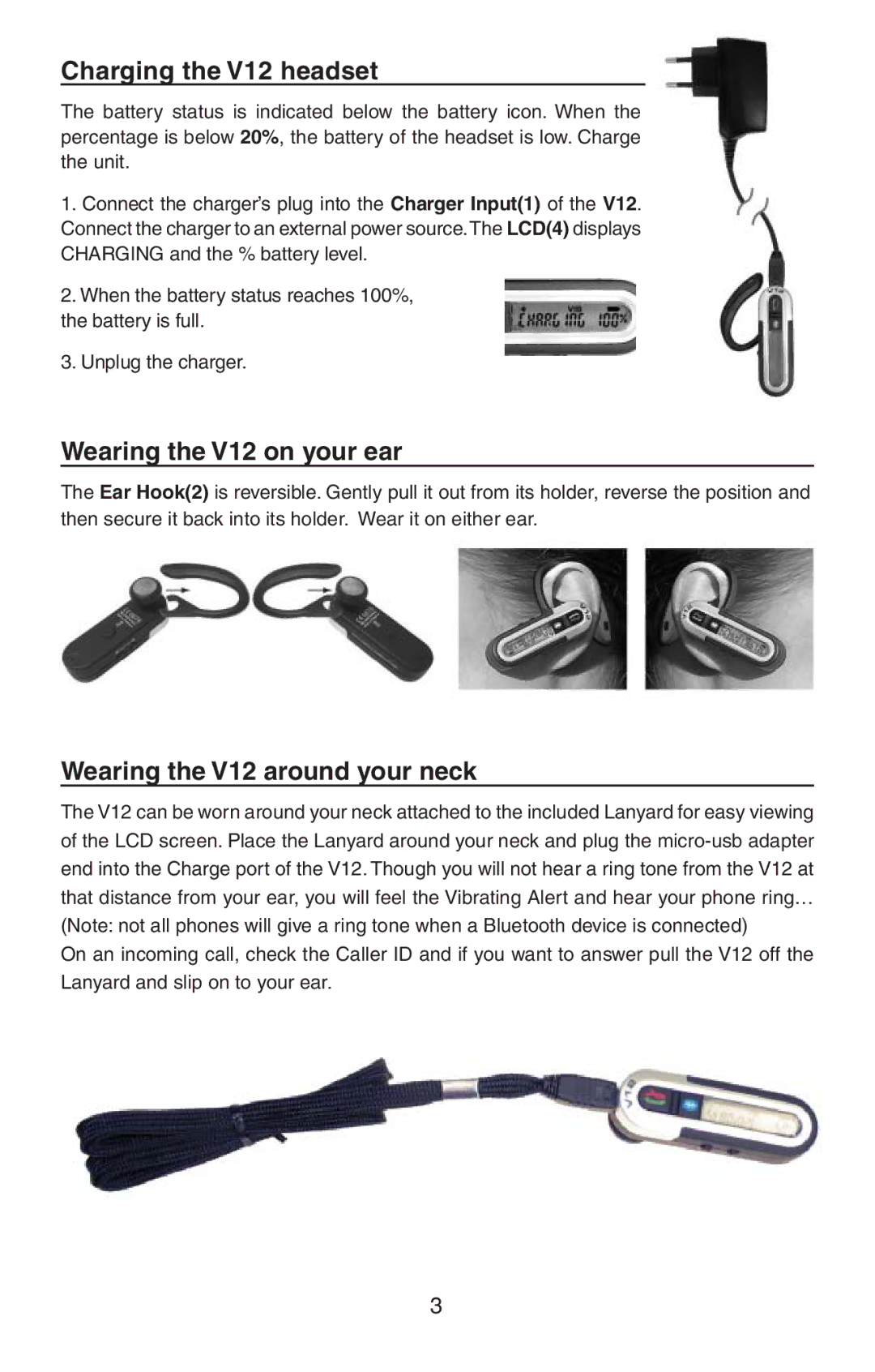 BlueAnt Wireless user manual Charging the V12 headset, Wearing the V12 on your ear, Wearing the V12 around your neck 