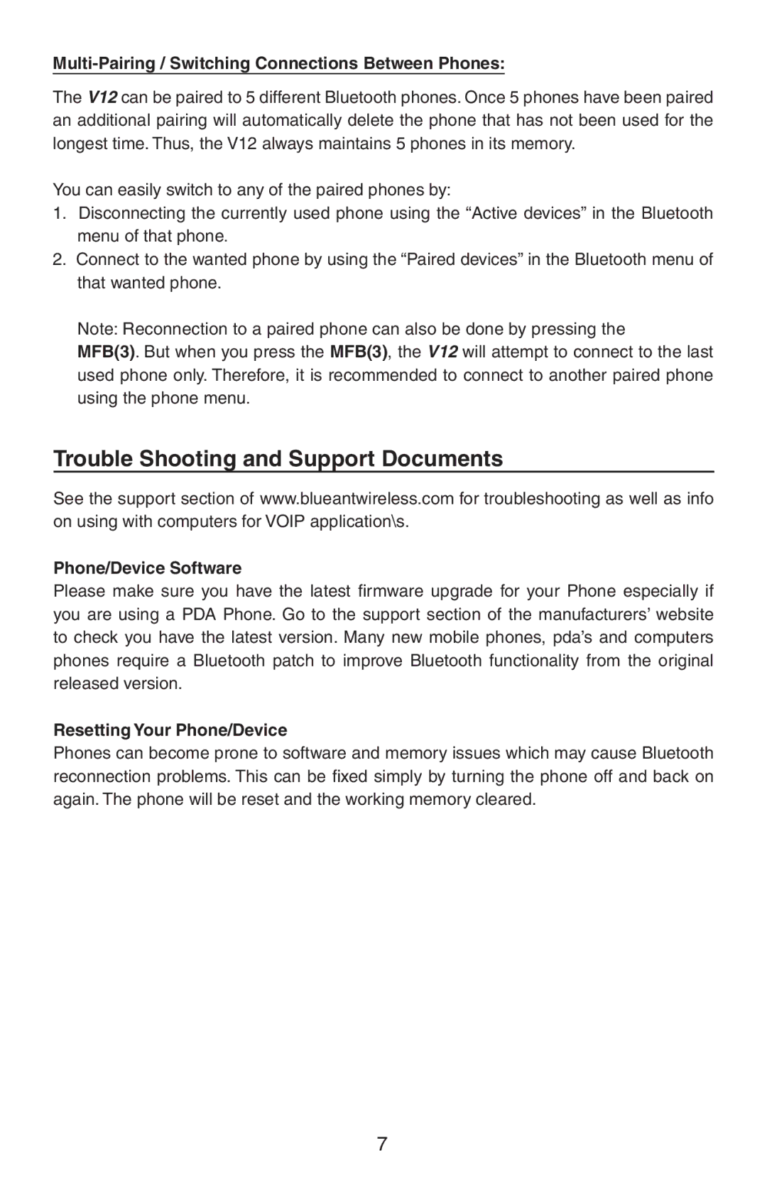 BlueAnt Wireless V12 Trouble Shooting and Support Documents, Multi-Pairing / Switching Connections Between Phones 