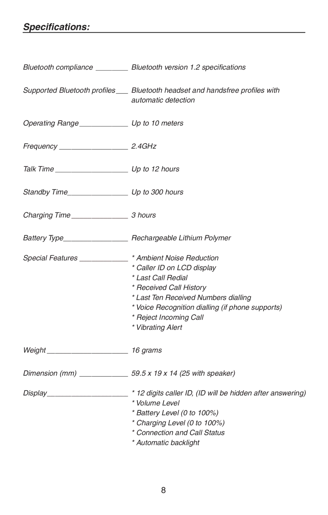 BlueAnt Wireless V12 user manual Speciﬁcations 