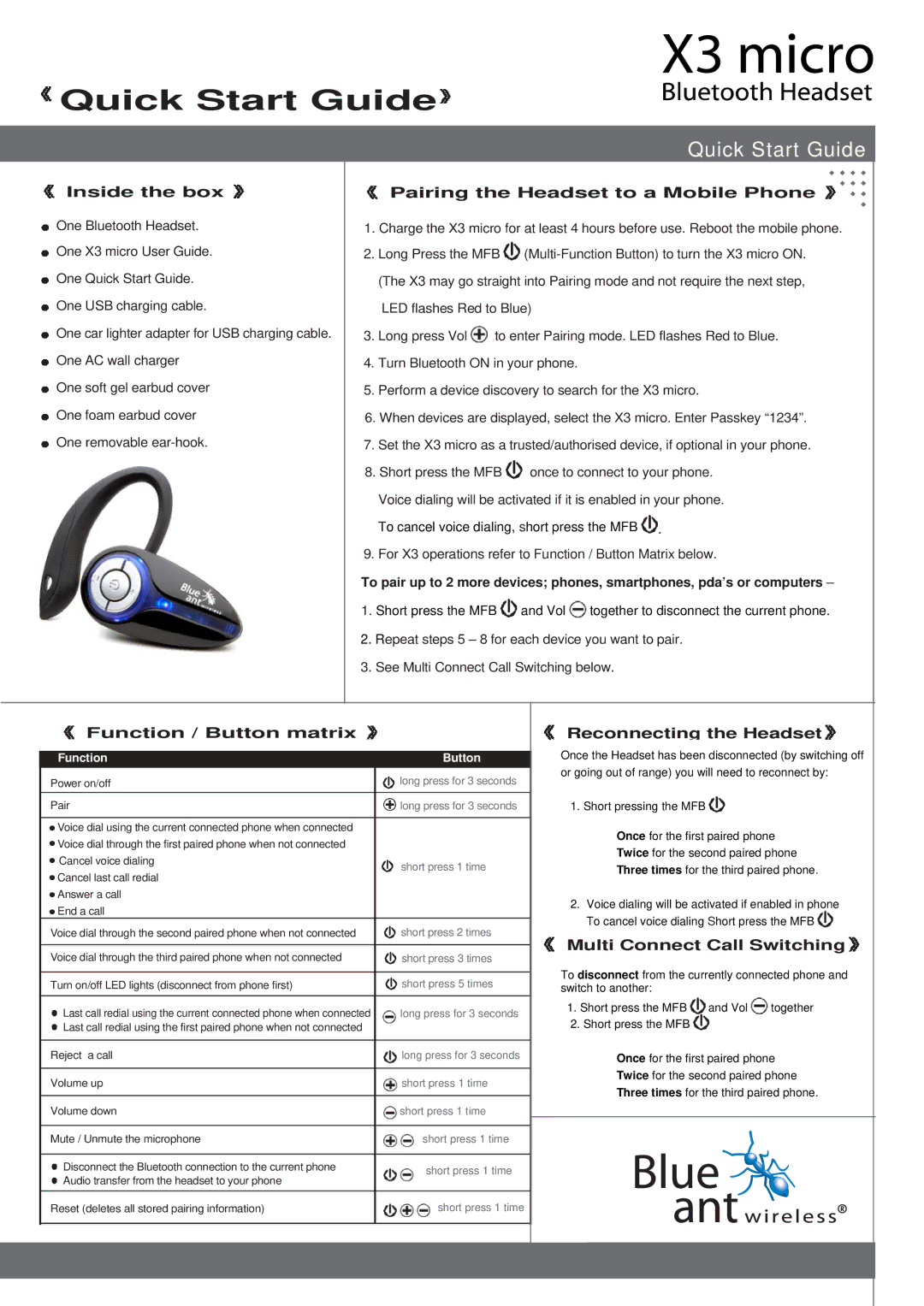 BlueAnt Wireless X3 quick start Quick Start Guide 