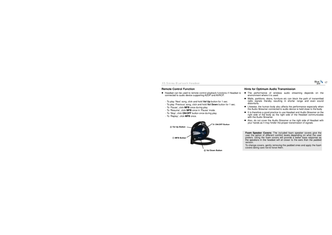 BlueAnt Wireless X5 manual Remote Control Function, Hints for Optimum Audio Transmission 
