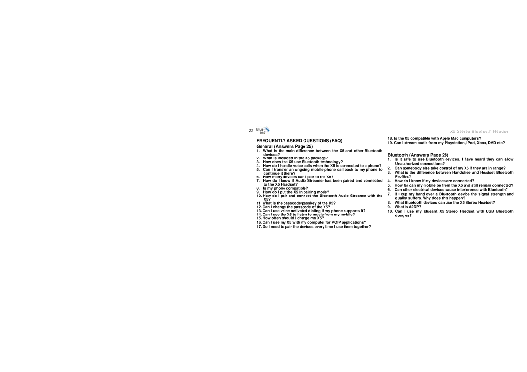 BlueAnt Wireless X5 manual General Answers, Bluetooth Answers 
