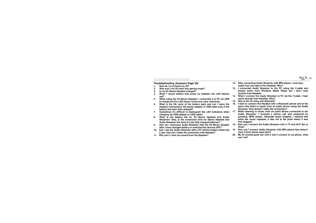 BlueAnt Wireless X5 manual Troubleshooting Answers 