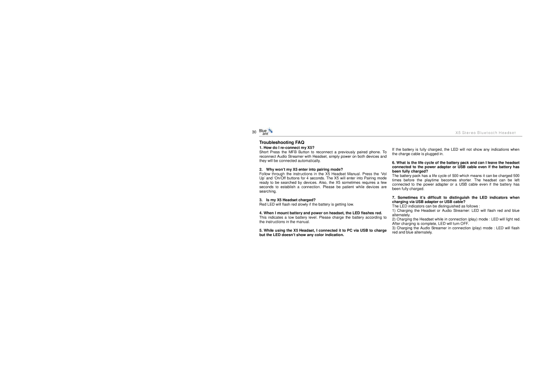 BlueAnt Wireless manual Troubleshooting FAQ, How do I re-connect my X5?, Is my X5 Headset charged? 
