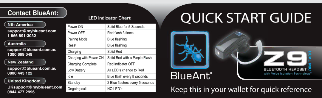 BlueAnt Wireless Z9 quick start Quick Start Guide, Keep this in your wallet for quick reference, Contact BlueAnt 