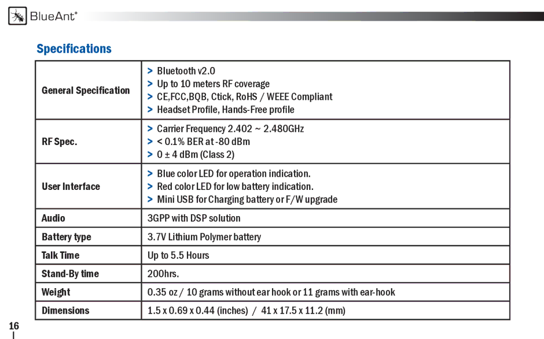 BlueAnt Wireless Z9i user manual Speciﬁcations 