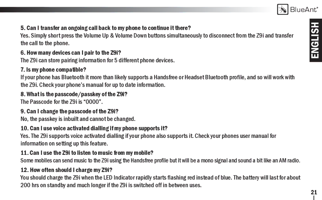 BlueAnt Wireless Z9i user manual English 