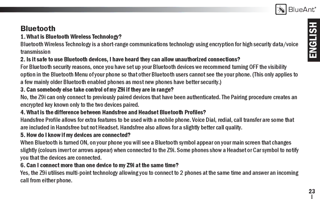 BlueAnt Wireless Z9i user manual Bluetooth 