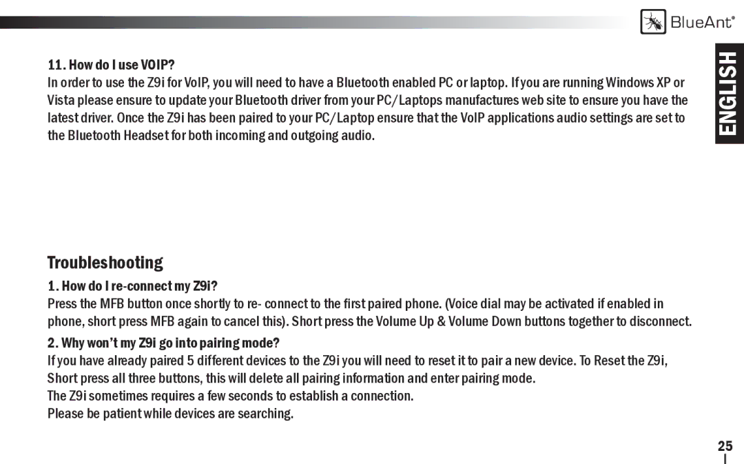 BlueAnt Wireless Z9i user manual Troubleshooting 