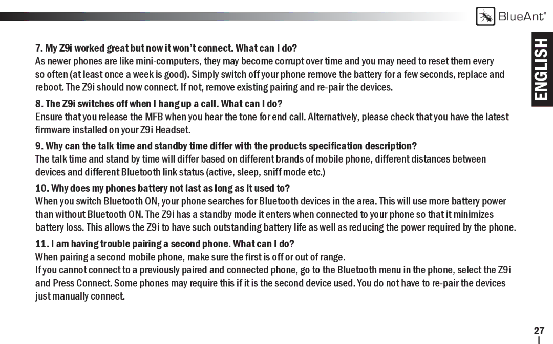 BlueAnt Wireless Z9i user manual English 