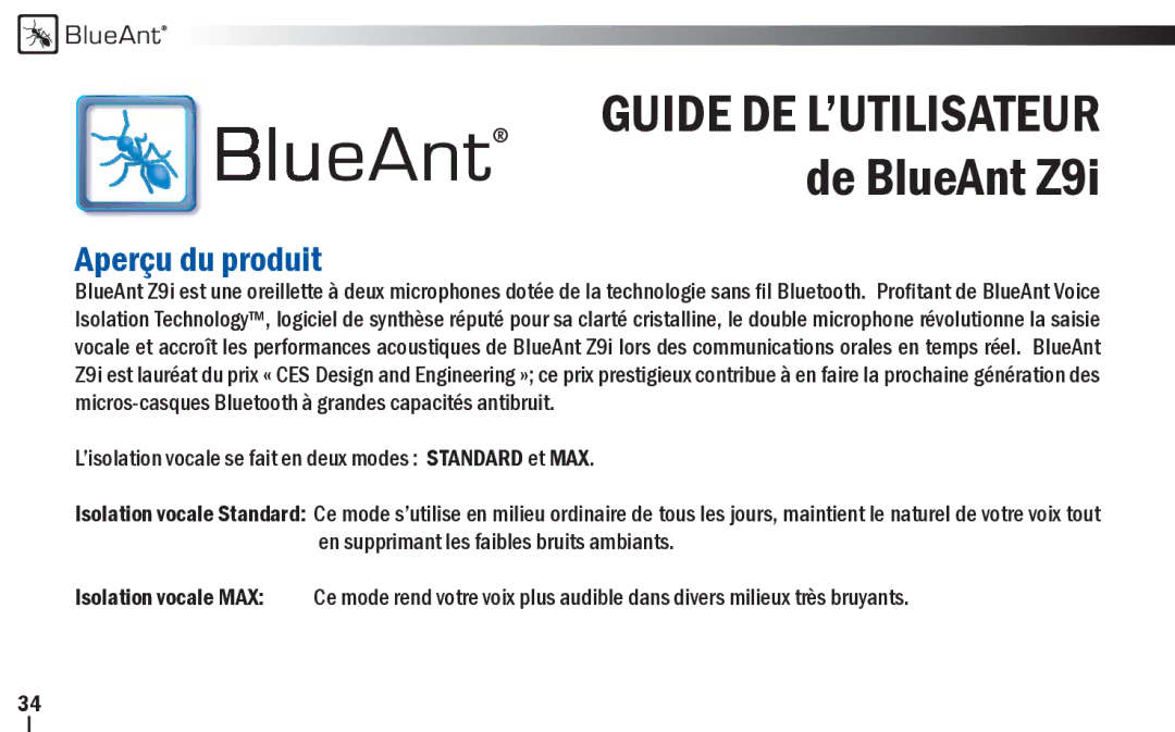 BlueAnt Wireless user manual Guide DE L’UTILISATEUR de BlueAnt Z9i, Aperçu du produit 