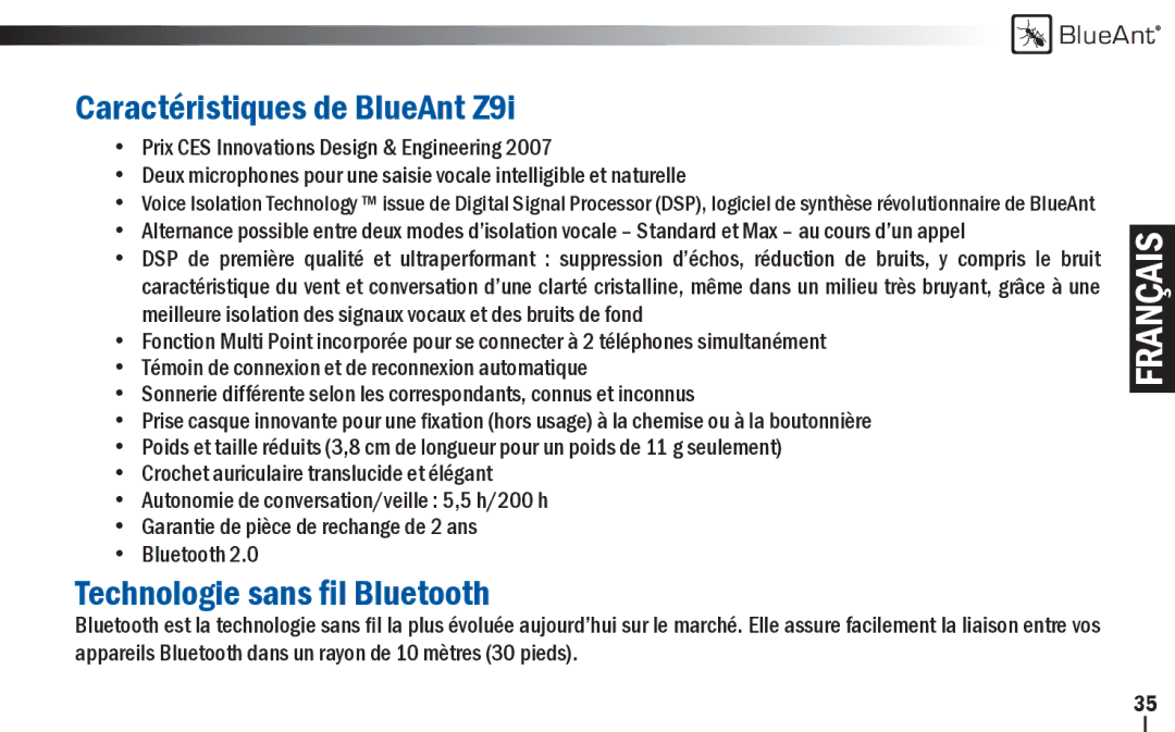 BlueAnt Wireless user manual Caractéristiques de BlueAnt Z9i, Technologie sans ﬁl Bluetooth 