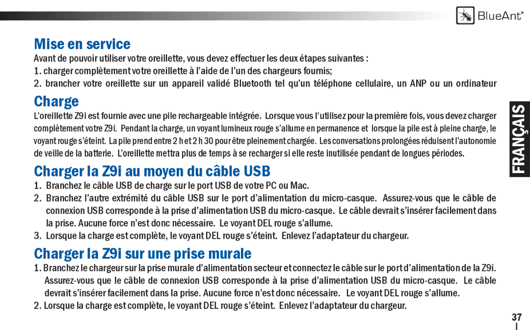 BlueAnt Wireless Mise en service, Charger la Z9i au moyen du câble USB, Charger la Z9i sur une prise murale 