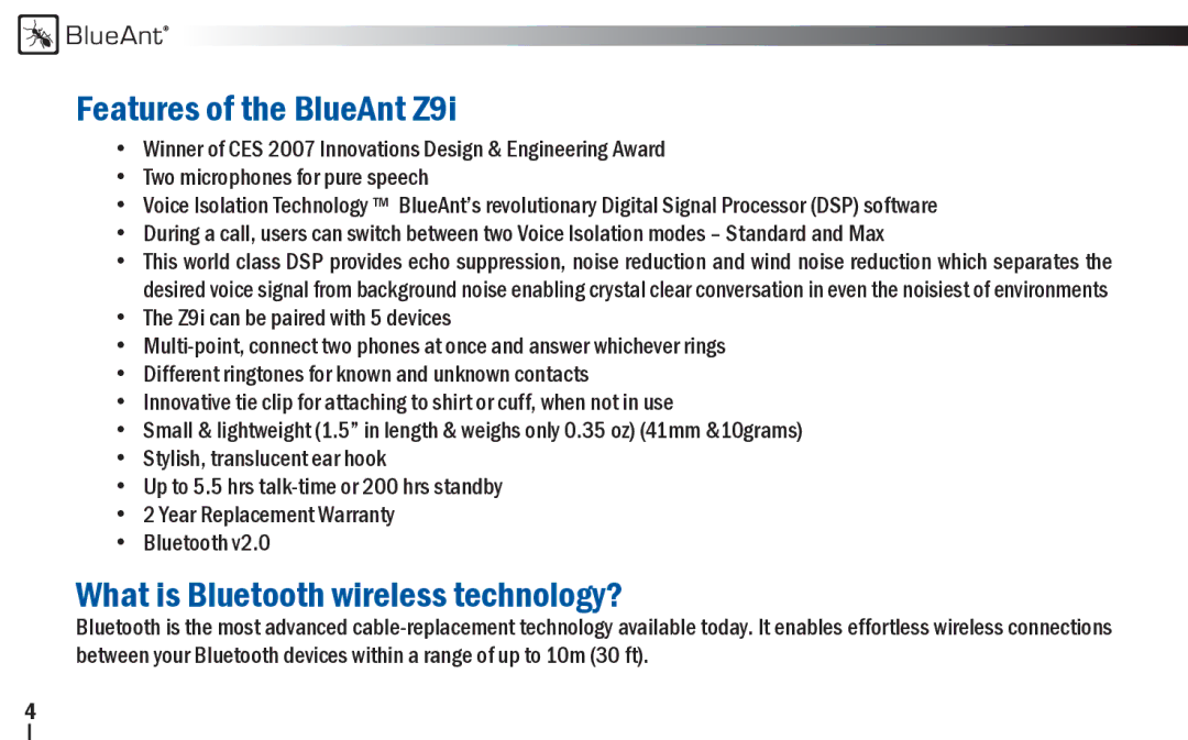 BlueAnt Wireless user manual Features of the BlueAnt Z9i, What is Bluetooth wireless technology? 