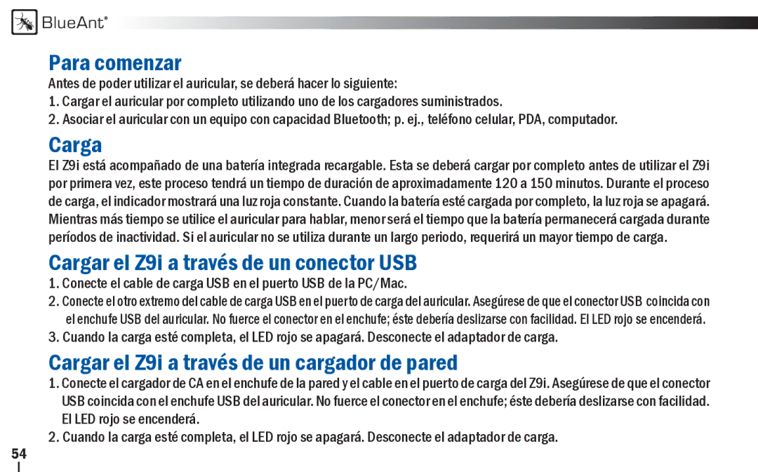 BlueAnt Wireless user manual Para comenzar, Cargar el Z9i a través de un conector USB 