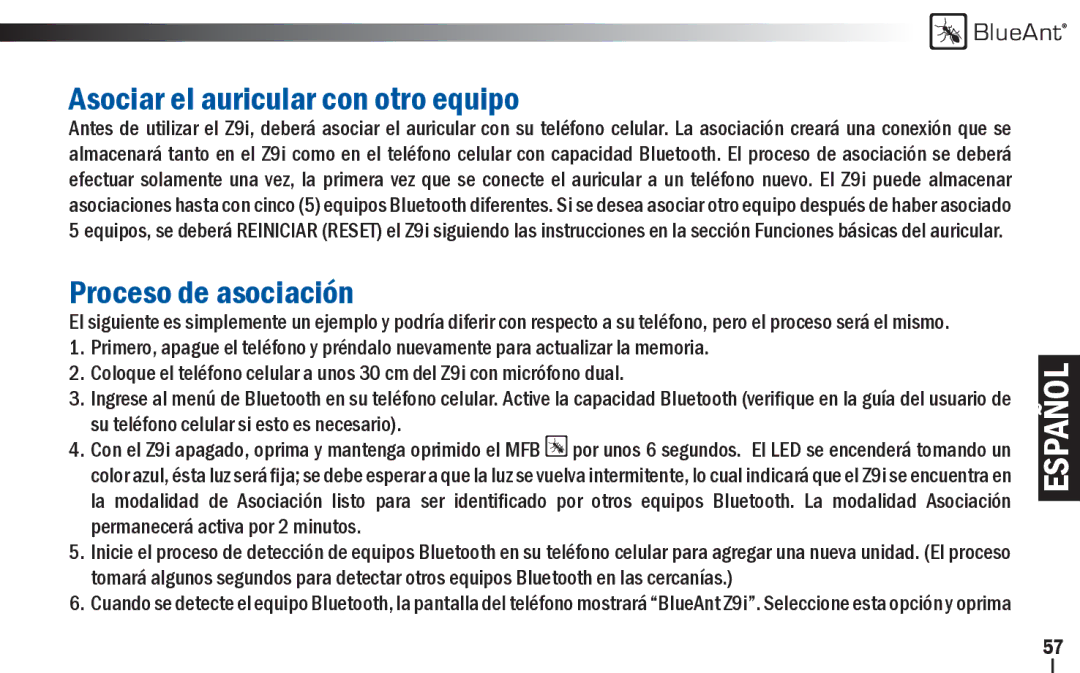 BlueAnt Wireless Z9i user manual Asociar el auricular con otro equipo, Proceso de asociación 