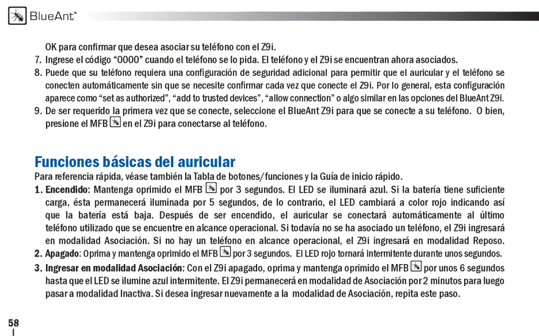 BlueAnt Wireless Z9i user manual Funciones básicas del auricular 