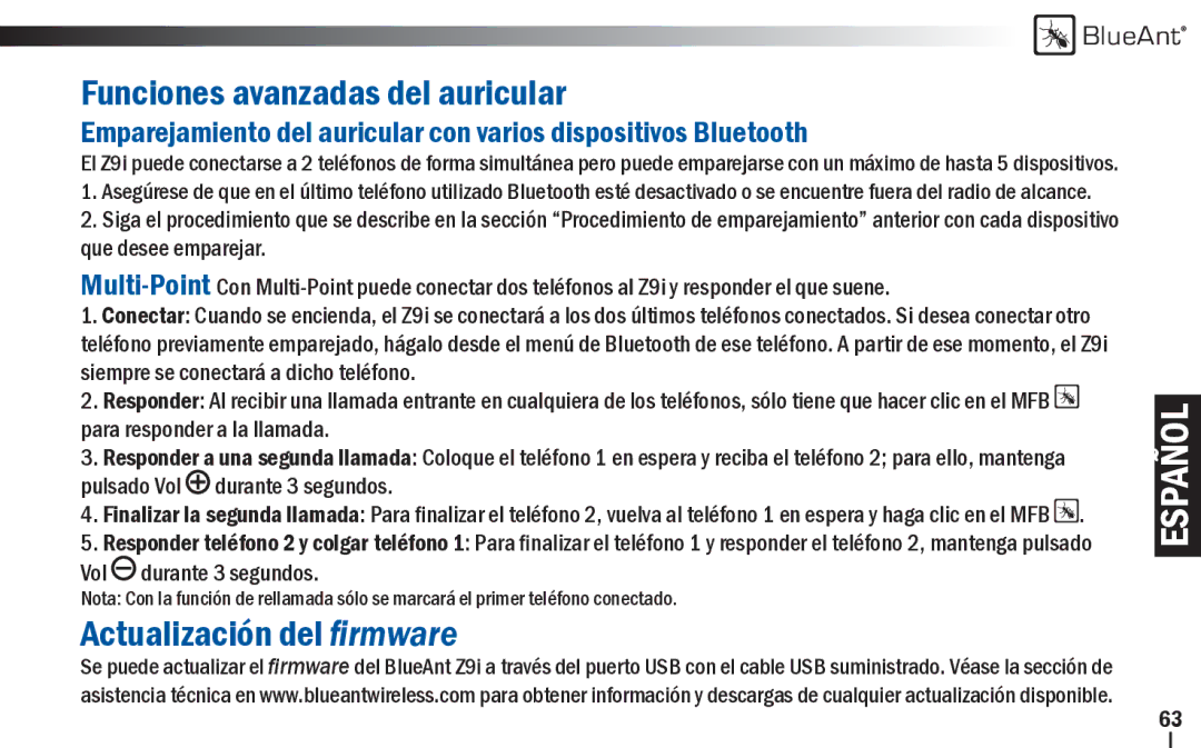 BlueAnt Wireless Z9i user manual Funciones avanzadas del auricular, Actualización del ﬁrmware 