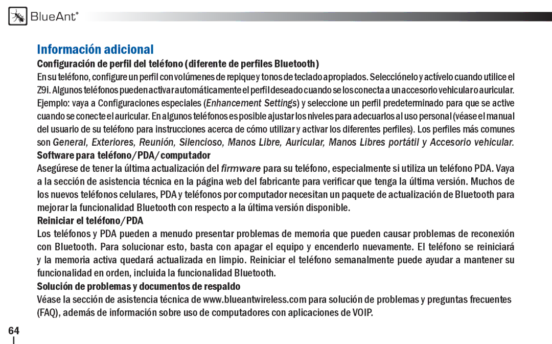 BlueAnt Wireless Z9i user manual Información adicional 