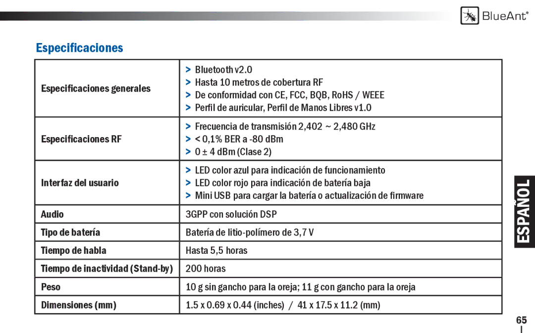 BlueAnt Wireless Z9i user manual Especiﬁcaciones 