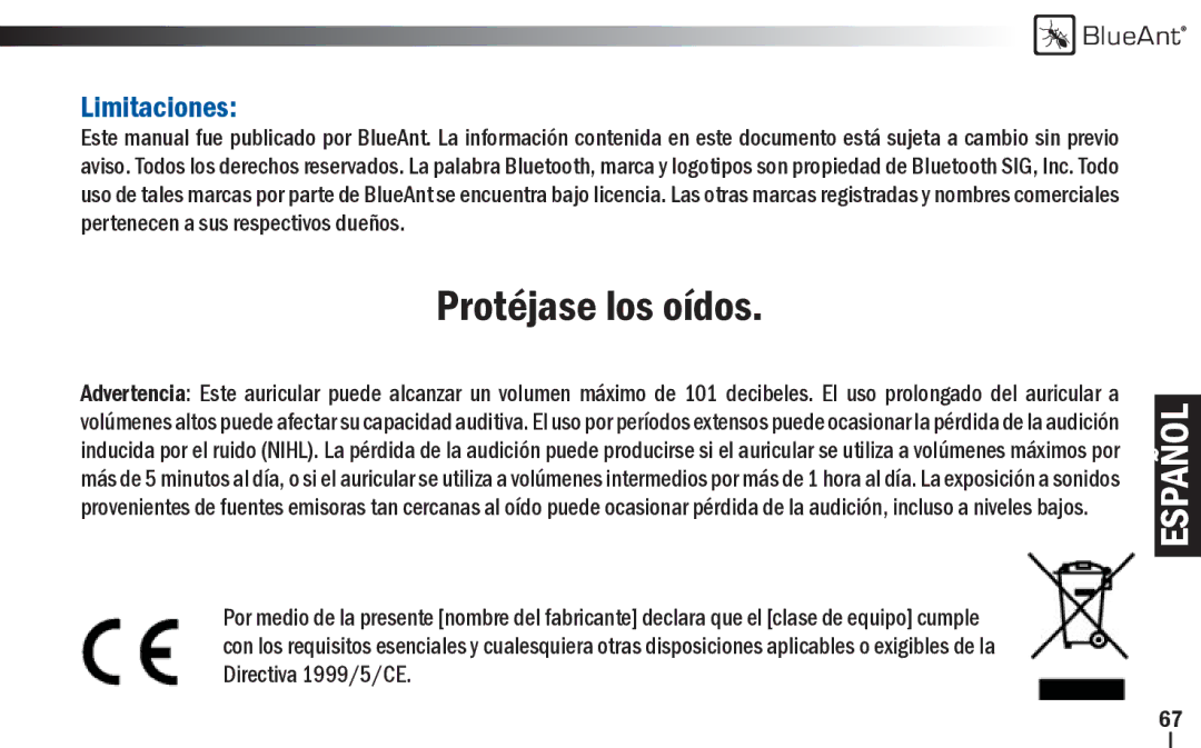 BlueAnt Wireless Z9i user manual Protéjase los oídos, Limitaciones 