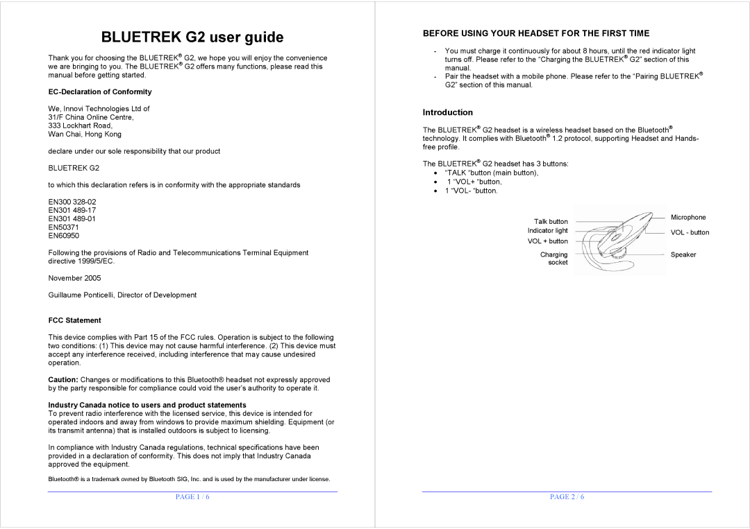 BlueTrek EN300 328-02 manual Introduction, EC-Declaration of Conformity, FCC Statement 