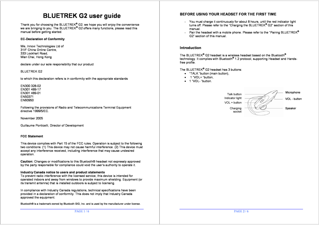 BlueTrek EN300 328-02 manual Before Using Your Headset For The First Time, Introduction, EC-Declaration of Conformity 