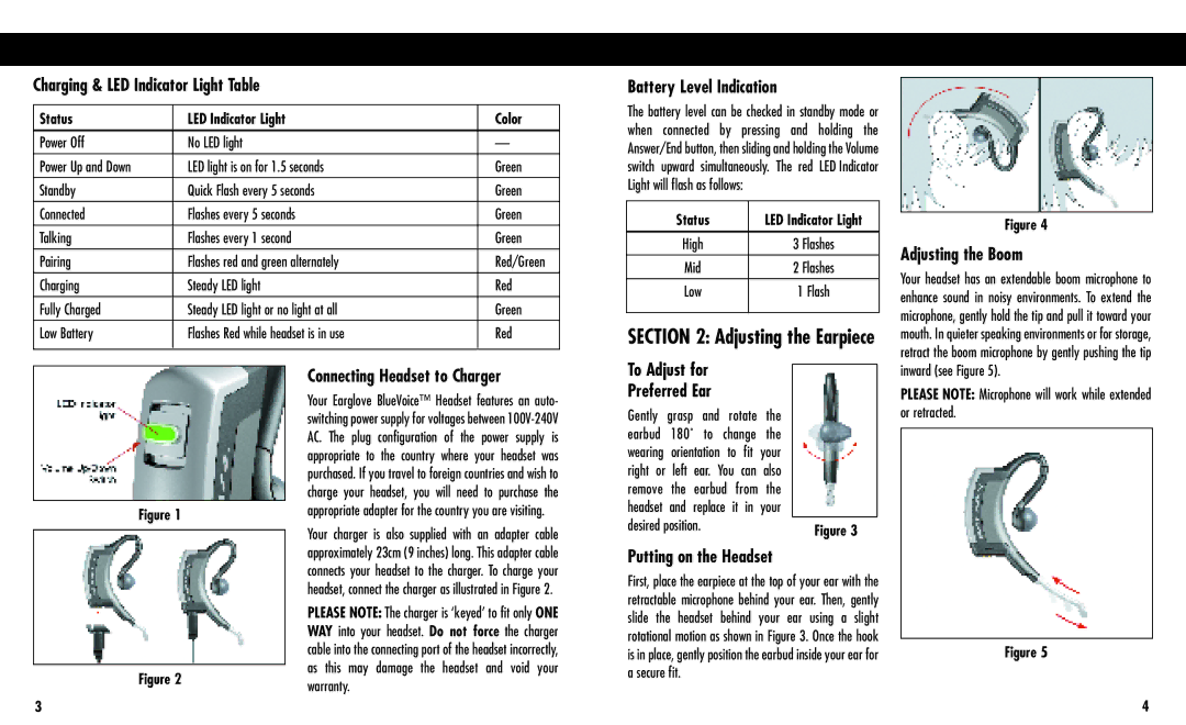 BMW BLUETOOTH WIRELESS HEADSET manual Charging & LED Indicator Light Table, Battery Level Indication, Adjusting the Boom 