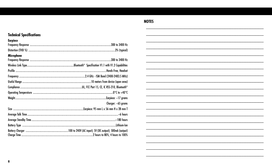 BMW BLUETOOTH WIRELESS HEADSET manual Technical Specifications, Earpiece 