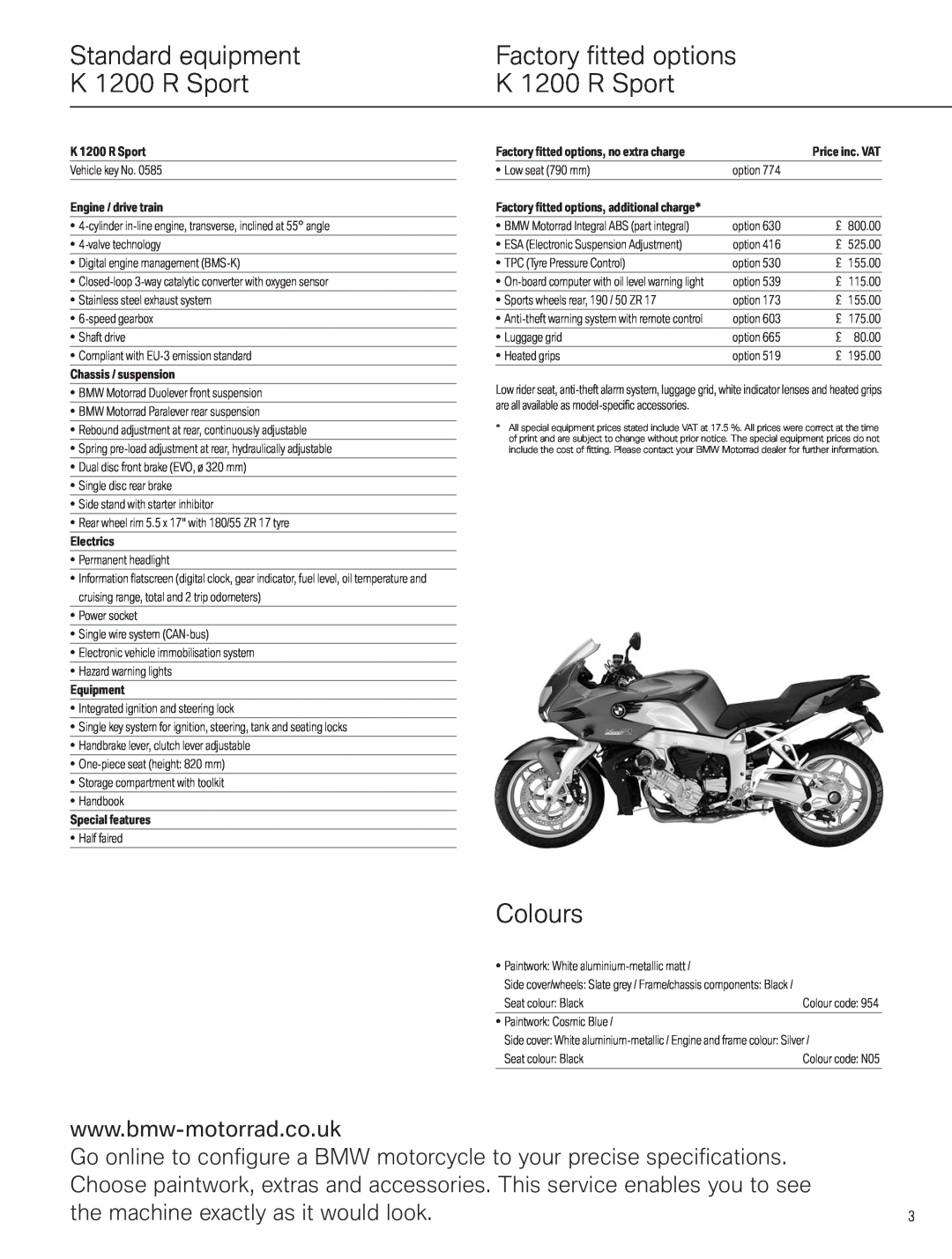 BMW K 1200 S Standard equipment, Factory fitted options, K 1200 R Sport, Colours, the machine exactly as it would look 
